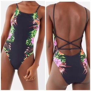 Urban Outfitters one piece floral dark tropics apron swimsuit Size Large NWT